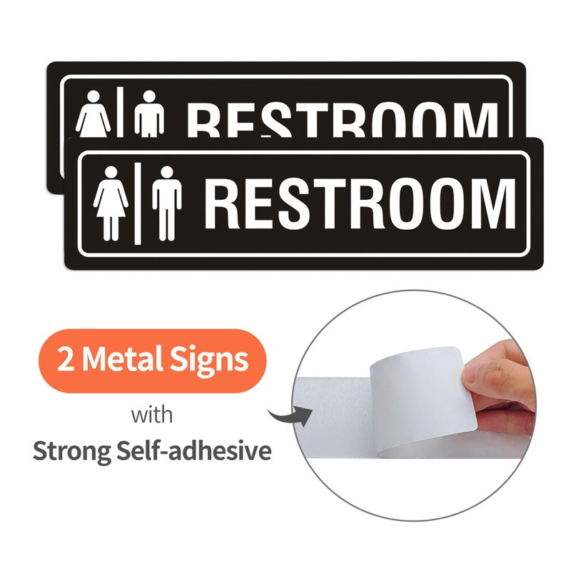 MongFun Restroom Sign Unisex for Business and Home, 7" x 2" Self-Adhesive Metal for Office Bathroom Toilet Wall or Door Decor, Easy Mounting UV-Protected (2 Pack) (Black) - Image 2
